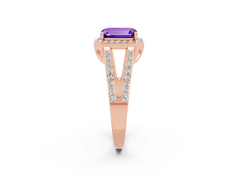Rose gold Emerald Cut Tanzanite Halo Ring with Split Shank U-Prong Band and Four-Prong Setting_2