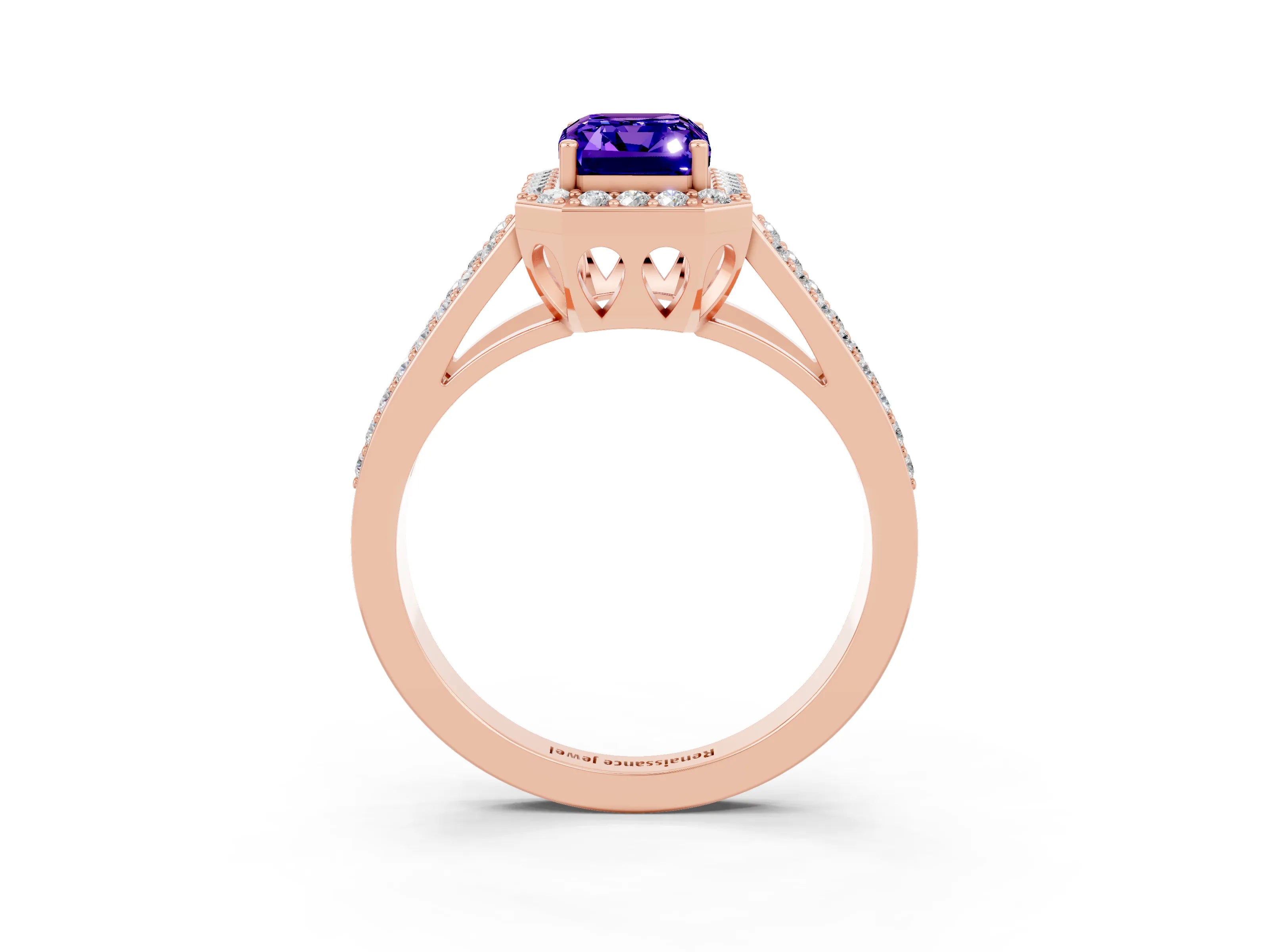 Rose gold Emerald Cut Tanzanite Halo Ring with Split Shank U-Prong Band and Four-Prong Setting_3