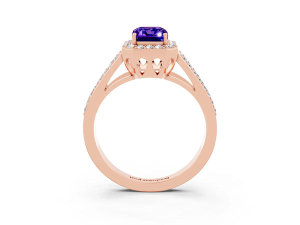Rose gold Emerald Cut Tanzanite Halo Ring with Split Shank U-Prong Band and Four-Prong Setting