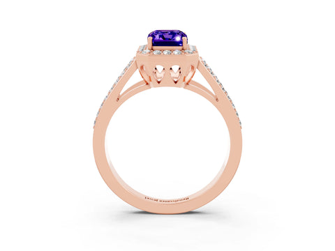 Rose gold Emerald Cut Tanzanite Halo Ring with Split Shank U-Prong Band and Four-Prong Setting_3