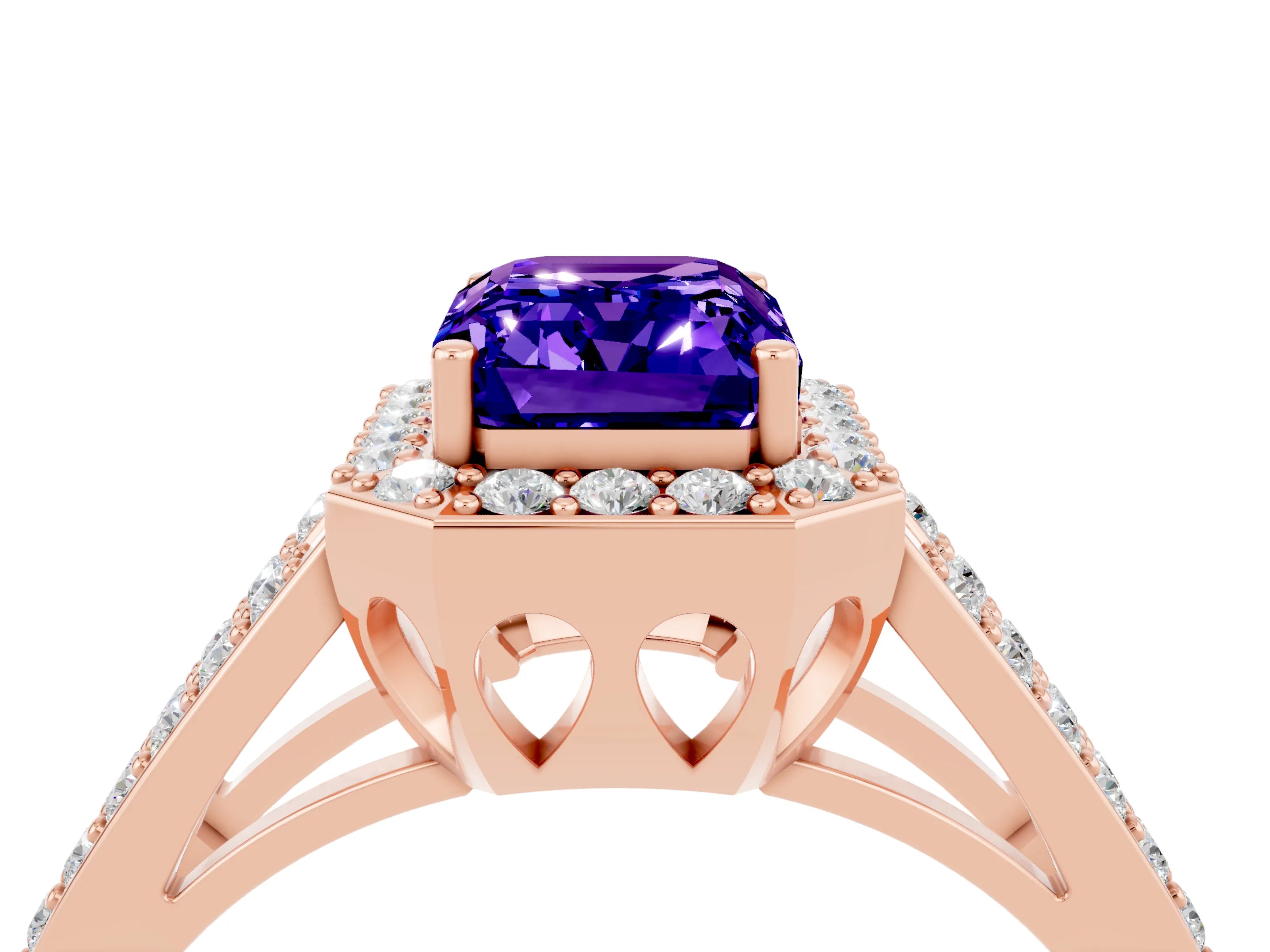 Rose gold Emerald Cut Tanzanite Halo Ring with Split Shank U-Prong Band and Four-Prong Setting_4