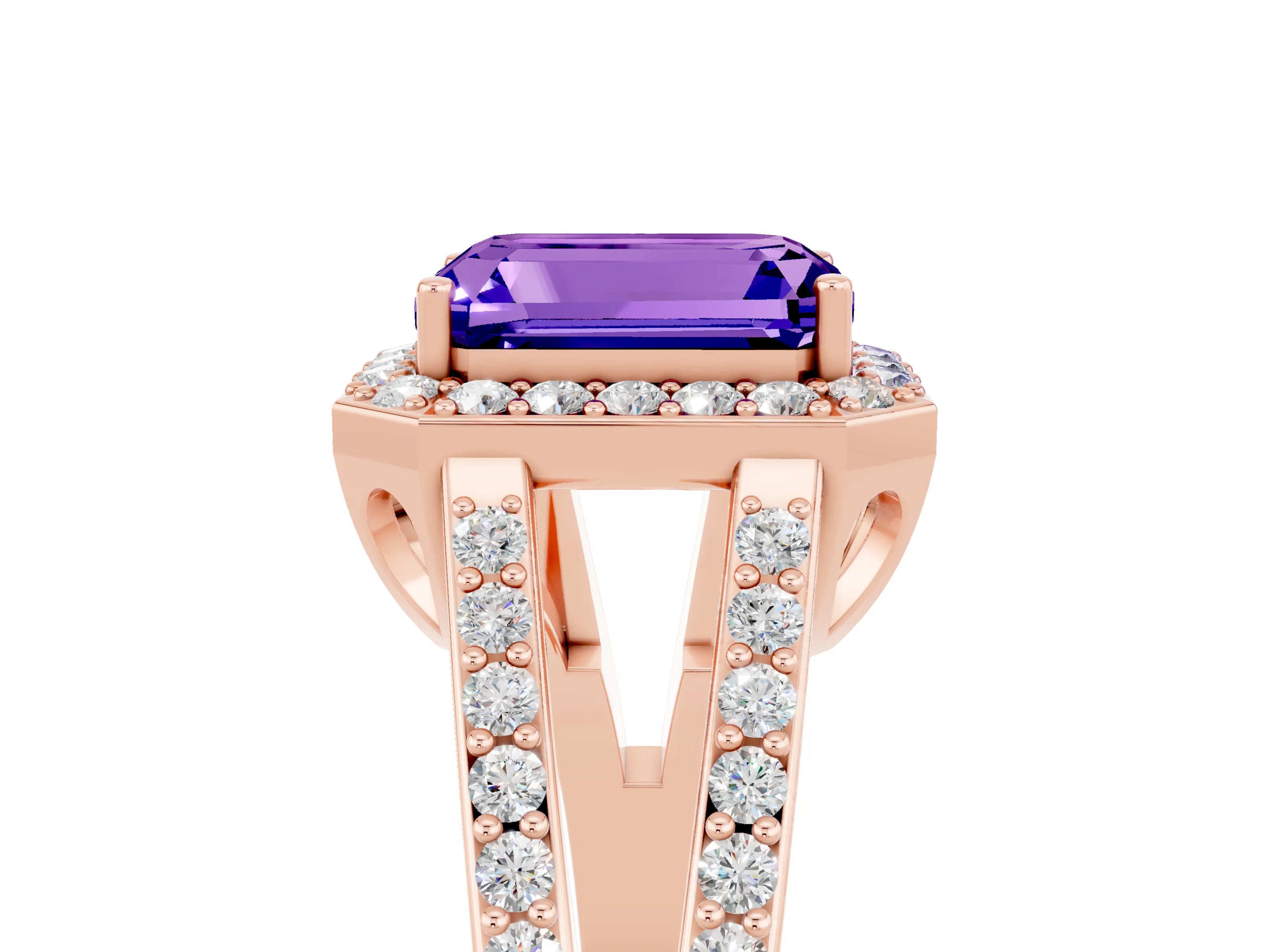 Rose gold Emerald Cut Tanzanite Halo Ring with Split Shank U-Prong Band and Four-Prong Setting_5