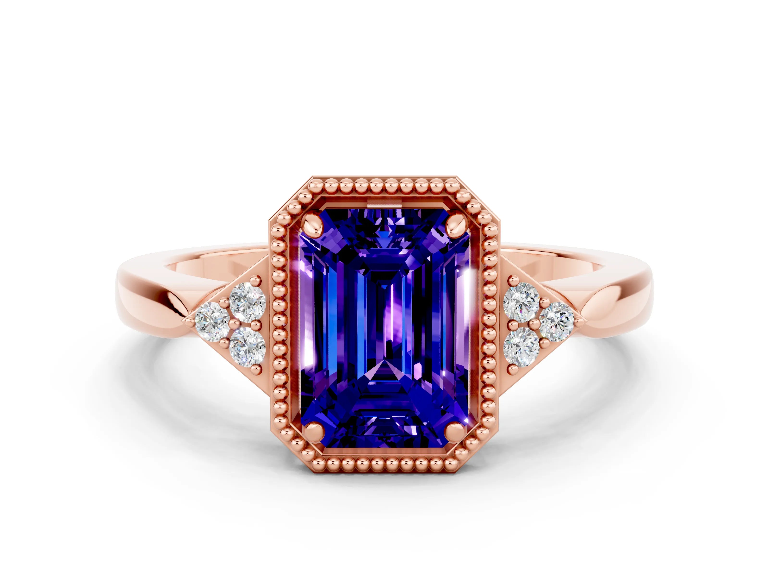 Rose gold Emerald Cut Tanzanite Halo Ring with Tapered Band and Four-Prong Setting