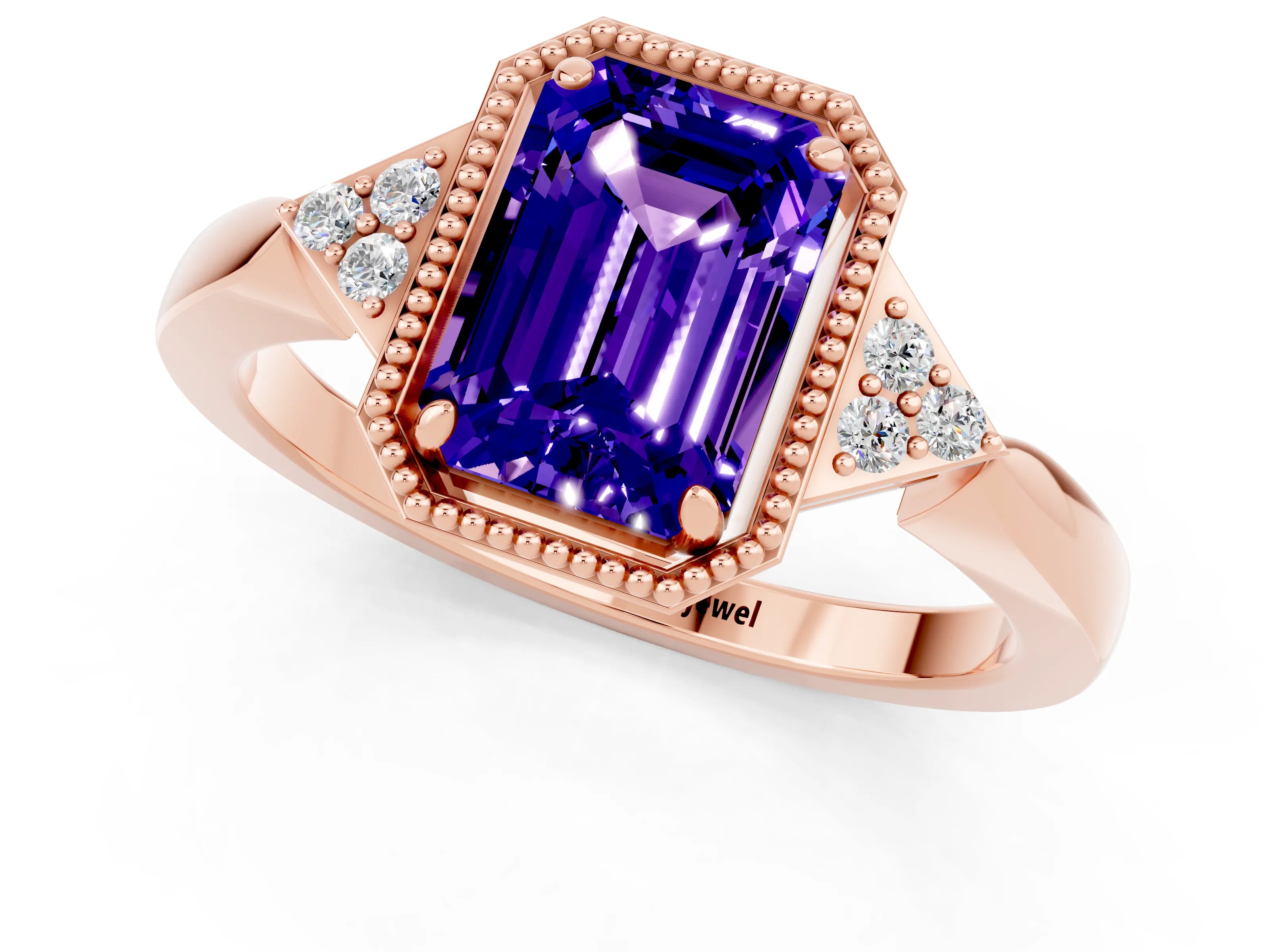 Rose gold Emerald Cut Tanzanite Halo Ring with Tapered Band and Four-Prong Setting_1