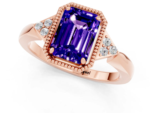 Rose gold Emerald Cut Tanzanite Halo Ring with Tapered Band and Four-Prong Setting