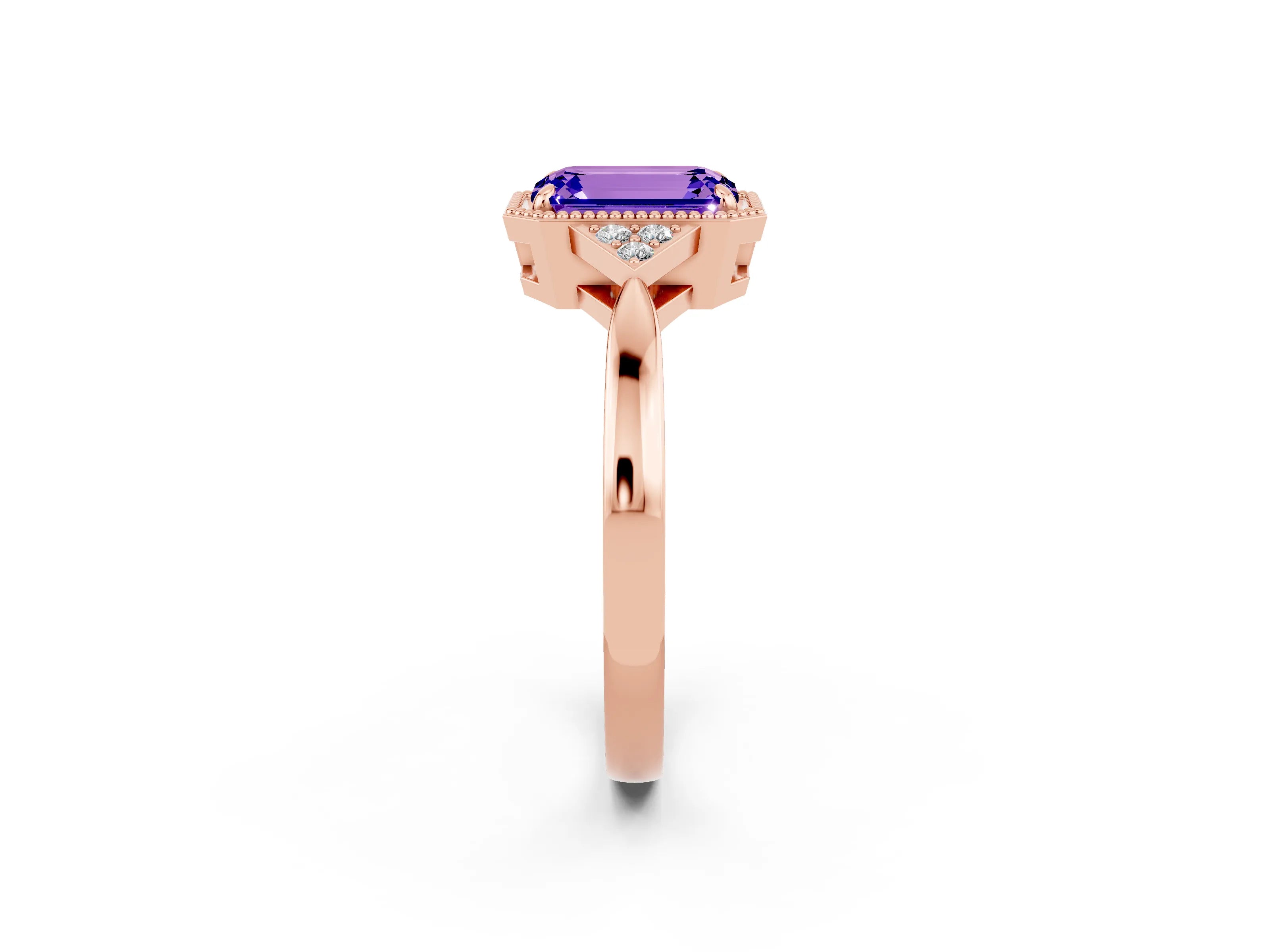Rose gold Emerald Cut Tanzanite Halo Ring with Tapered Band and Four-Prong Setting_2