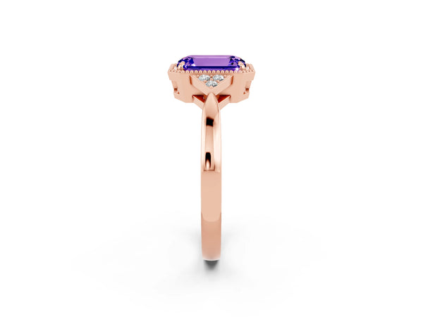Rose gold Emerald Cut Tanzanite Halo Ring with Tapered Band and Four-Prong Setting