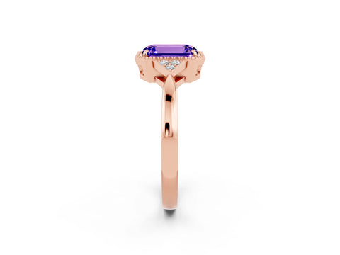 Rose gold Emerald Cut Tanzanite Halo Ring with Tapered Band and Four-Prong Setting_2