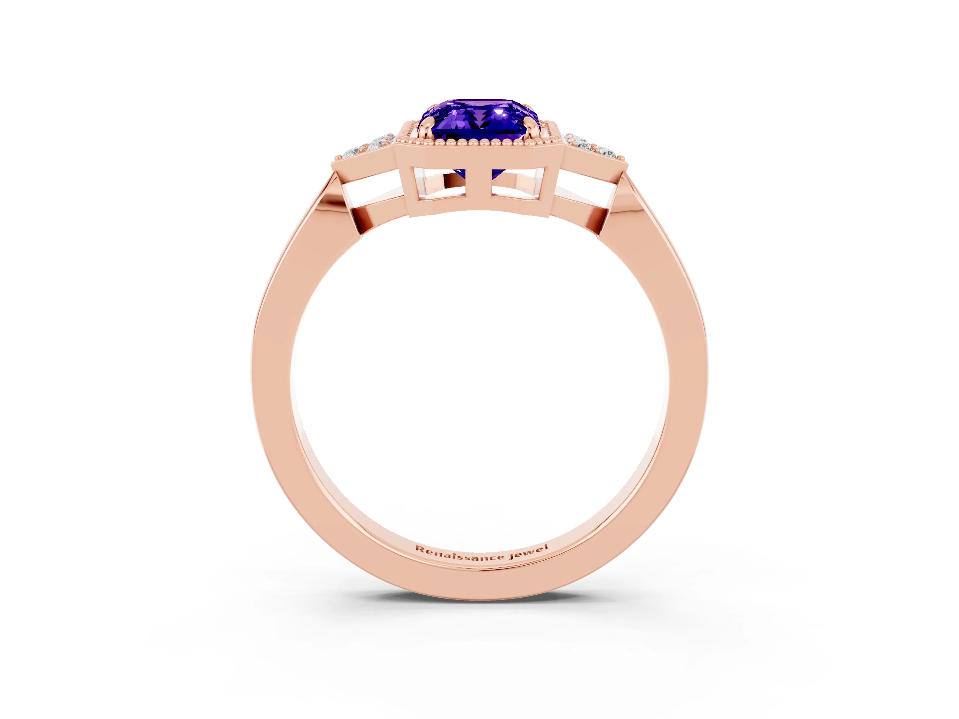 Rose gold Emerald Cut Tanzanite Halo Ring with Tapered Band and Four-Prong Setting_3
