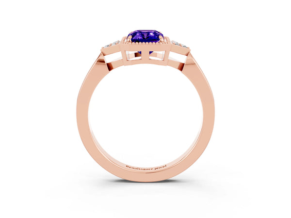 Rose gold Emerald Cut Tanzanite Halo Ring with Tapered Band and Four-Prong Setting