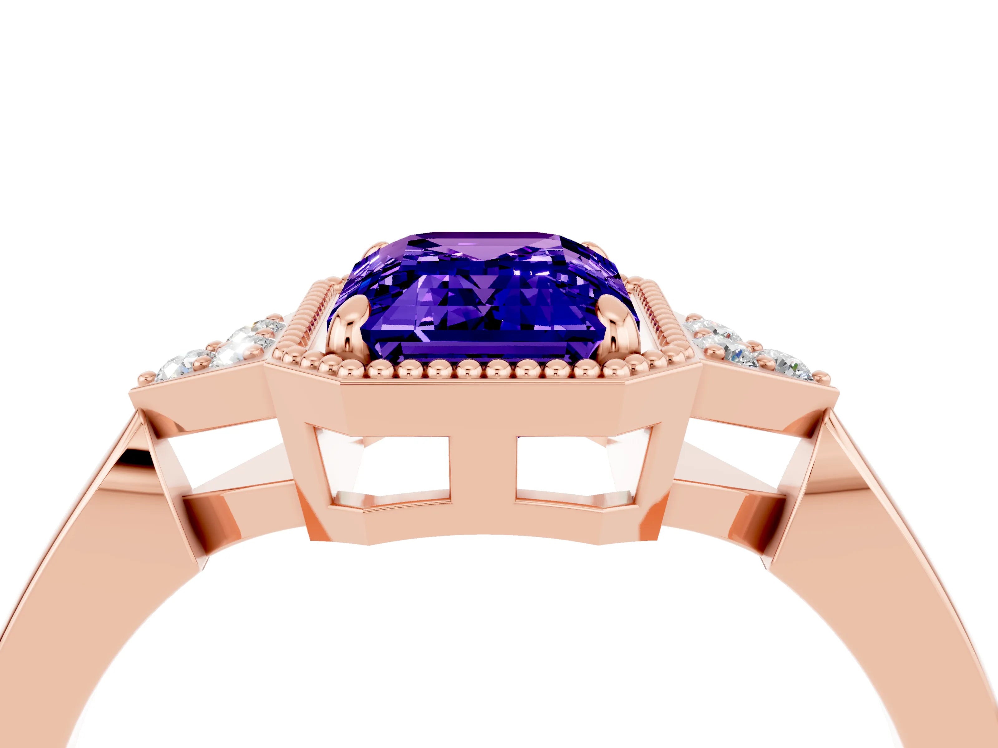 Rose gold Emerald Cut Tanzanite Halo Ring with Tapered Band and Four-Prong Setting_4