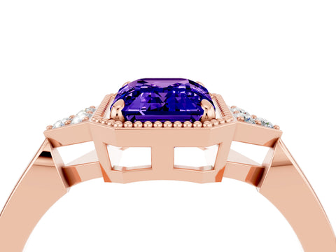 Rose gold Emerald Cut Tanzanite Halo Ring with Tapered Band and Four-Prong Setting_4