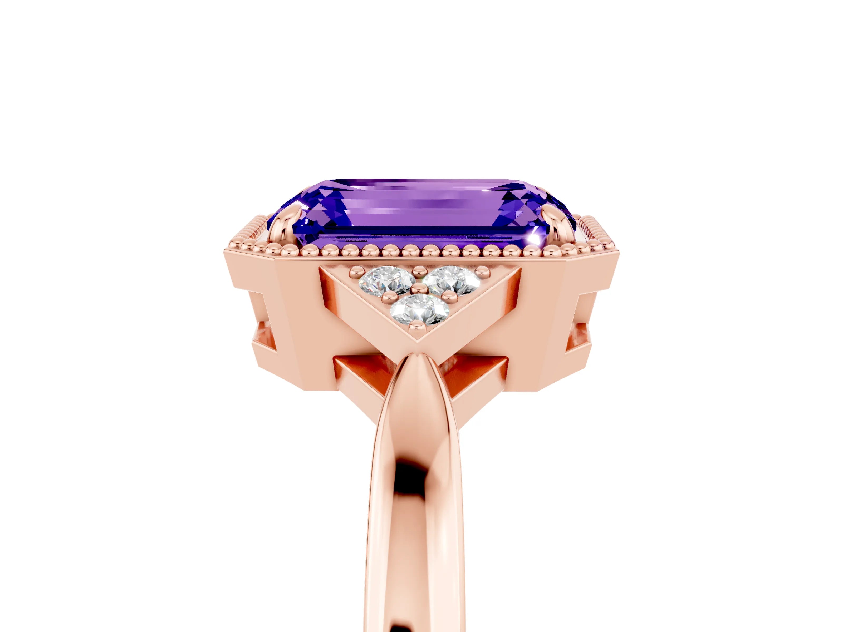 Rose gold Emerald Cut Tanzanite Halo Ring with Tapered Band and Four-Prong Setting_5