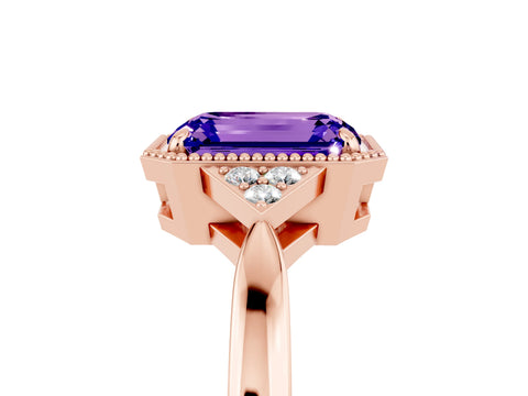 Rose gold Emerald Cut Tanzanite Halo Ring with Tapered Band and Four-Prong Setting_5