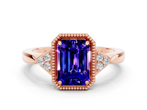 Rose gold Emerald Cut Tanzanite Halo Ring with Tapered Band and Four-Prong Setting