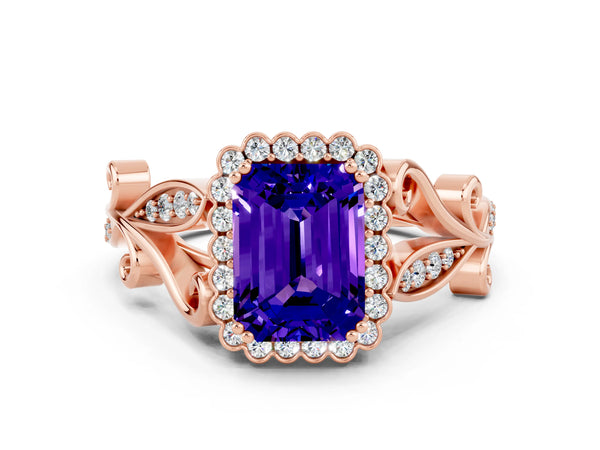 Rose gold Emerald Cut Tanzanite Halo Ring with Vintage Split Shank and Four-Prong Setting