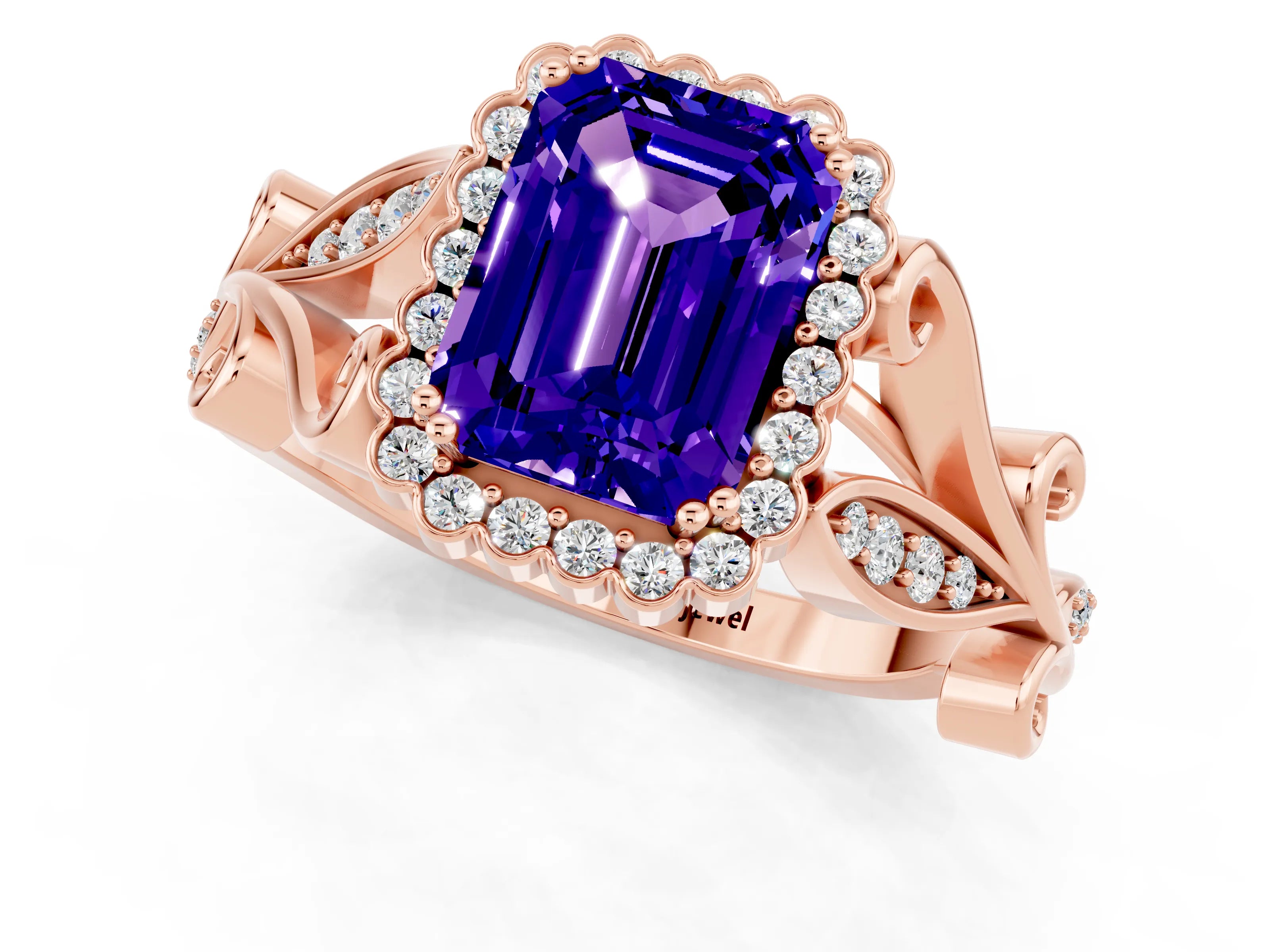 Rose gold Emerald Cut Tanzanite Halo Ring with Vintage Split Shank and Four-Prong Setting_1