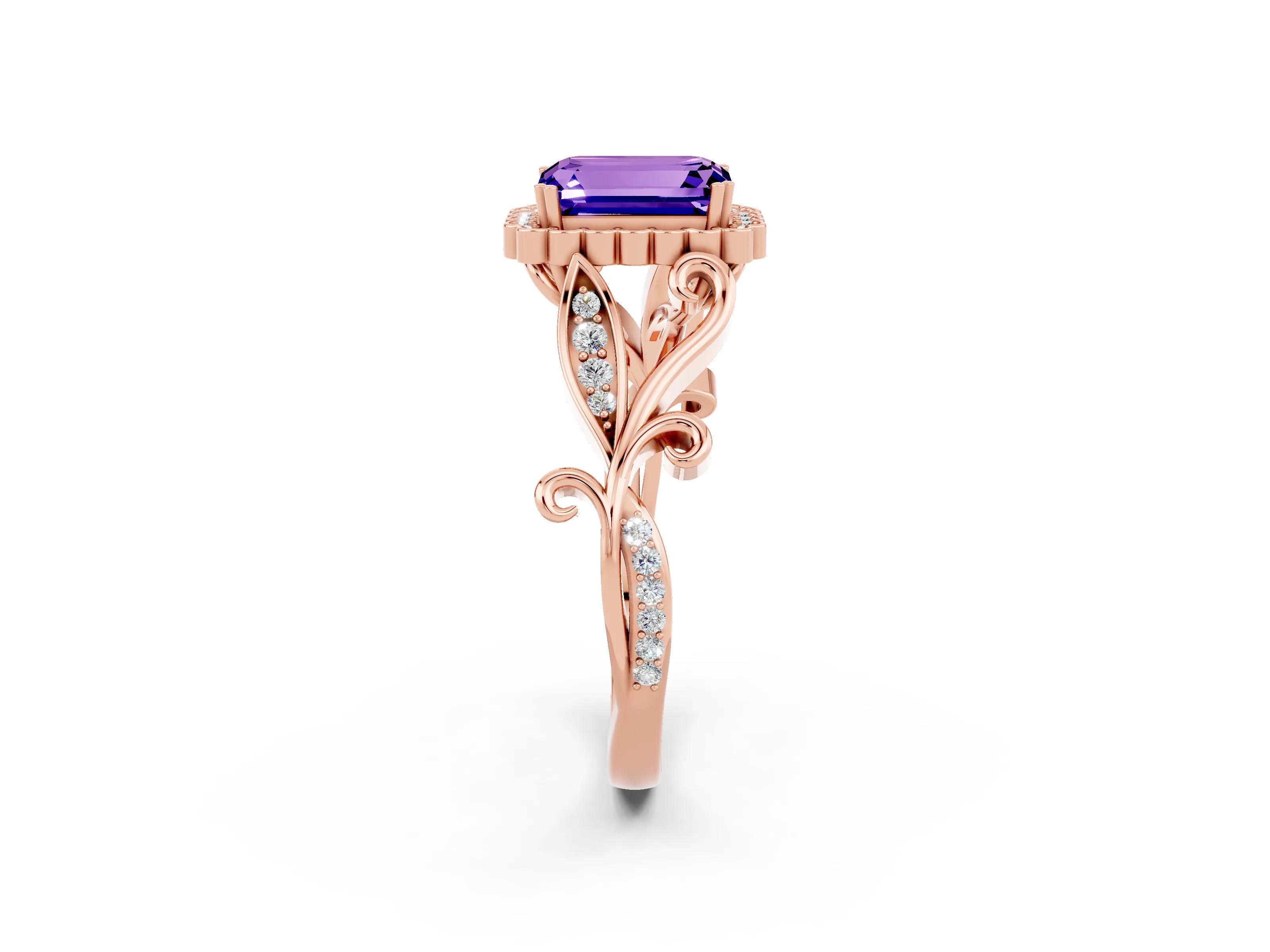 Rose gold Emerald Cut Tanzanite Halo Ring with Vintage Split Shank and Four-Prong Setting_2