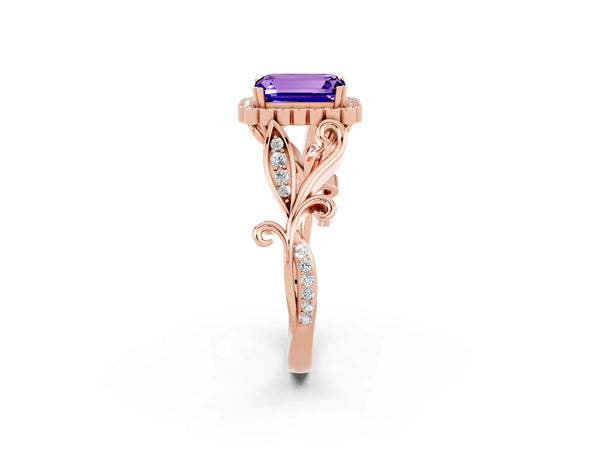 Rose gold Emerald Cut Tanzanite Halo Ring with Vintage Split Shank and Four-Prong Setting