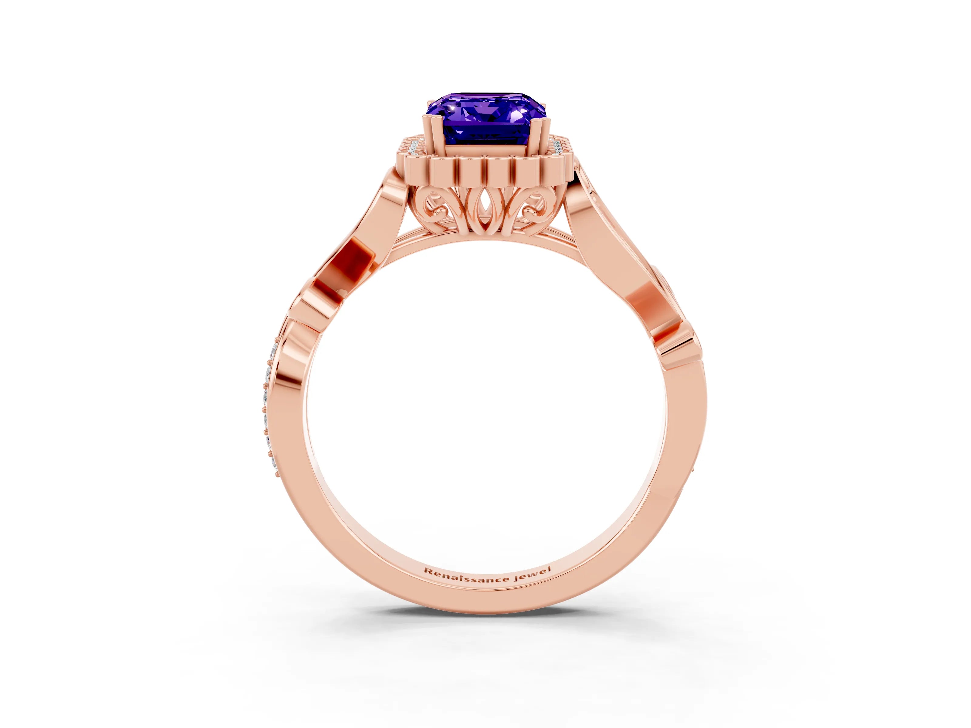 Rose gold Emerald Cut Tanzanite Halo Ring with Vintage Split Shank and Four-Prong Setting_3