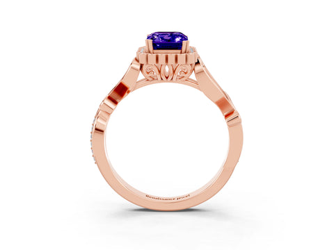 Rose gold Emerald Cut Tanzanite Halo Ring with Vintage Split Shank and Four-Prong Setting_3