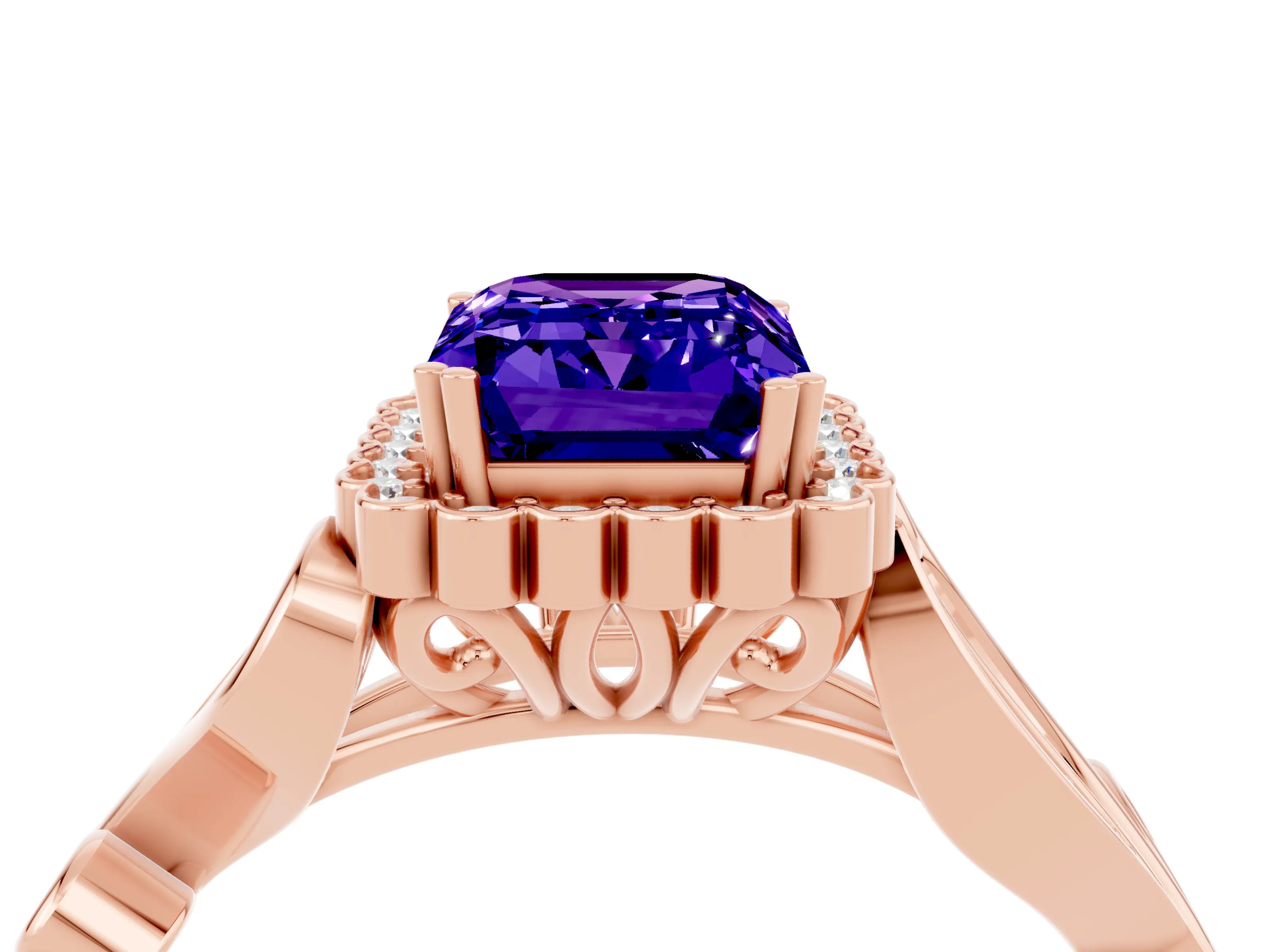 Rose gold Emerald Cut Tanzanite Halo Ring with Vintage Split Shank and Four-Prong Setting_4