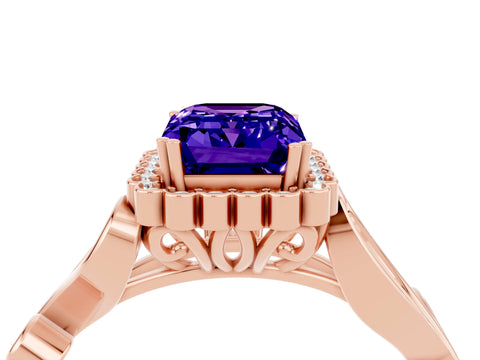 Rose gold Emerald Cut Tanzanite Halo Ring with Vintage Split Shank and Four-Prong Setting_4