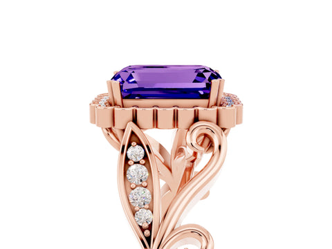 Rose gold Emerald Cut Tanzanite Halo Ring with Vintage Split Shank and Four-Prong Setting_5
