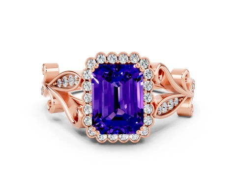 Rose gold Emerald Cut Tanzanite Halo Ring with Vintage Split Shank and Four-Prong Setting