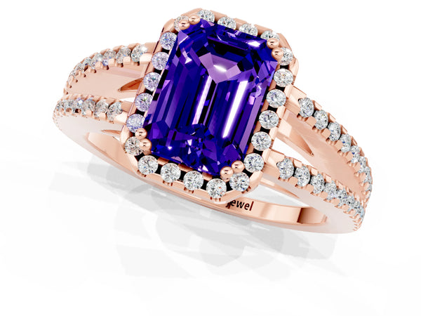Rose gold Emerald Cut Tanzanite Halo Split Shank Engagement Ring