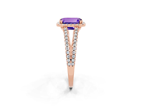 Rose gold Emerald Cut Tanzanite Halo Split Shank Engagement Ring