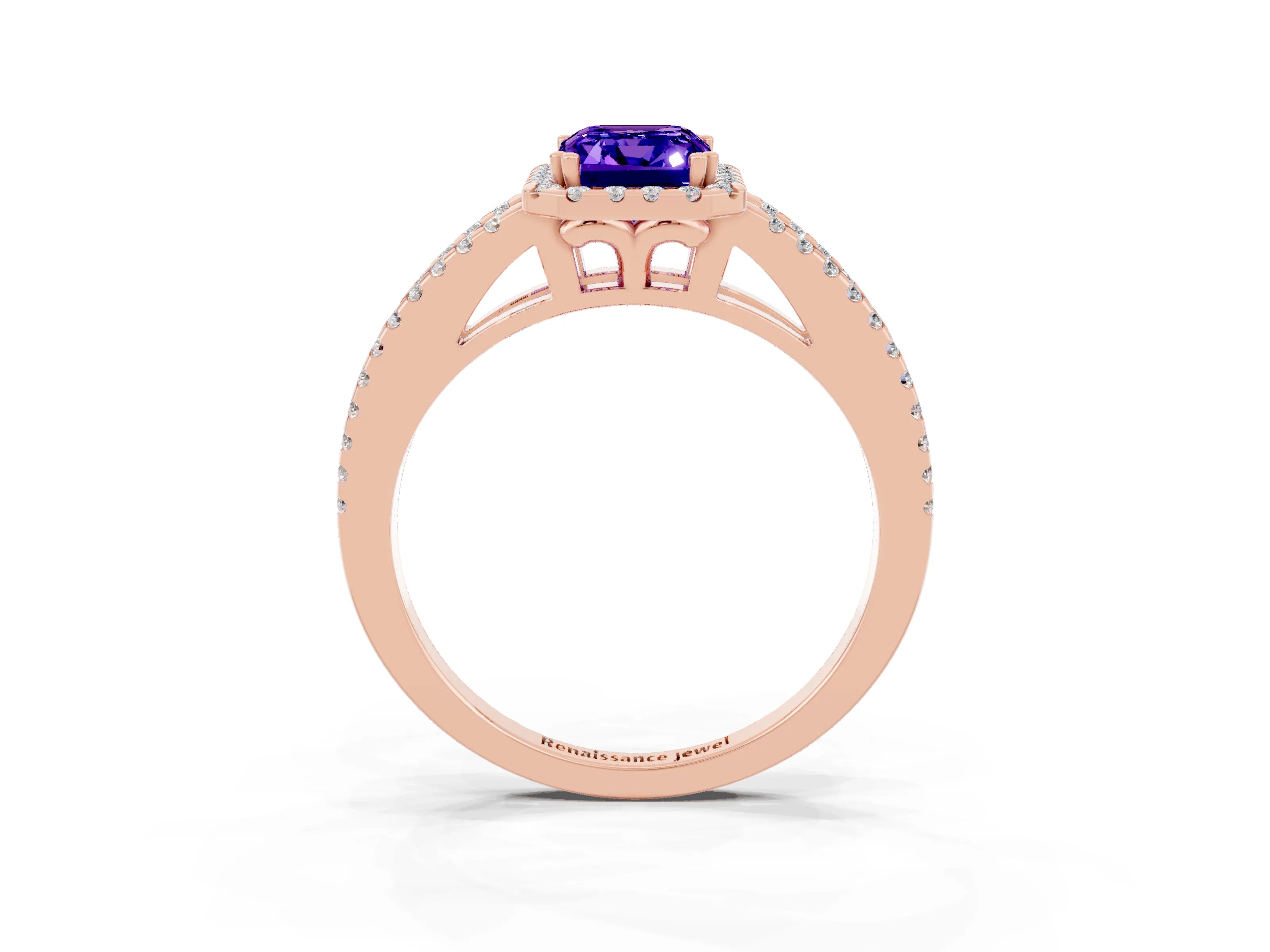 Rose gold Emerald Cut Tanzanite Halo Split Shank Engagement Ring_15