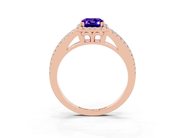 Rose gold Emerald Cut Tanzanite Halo Split Shank Engagement Ring