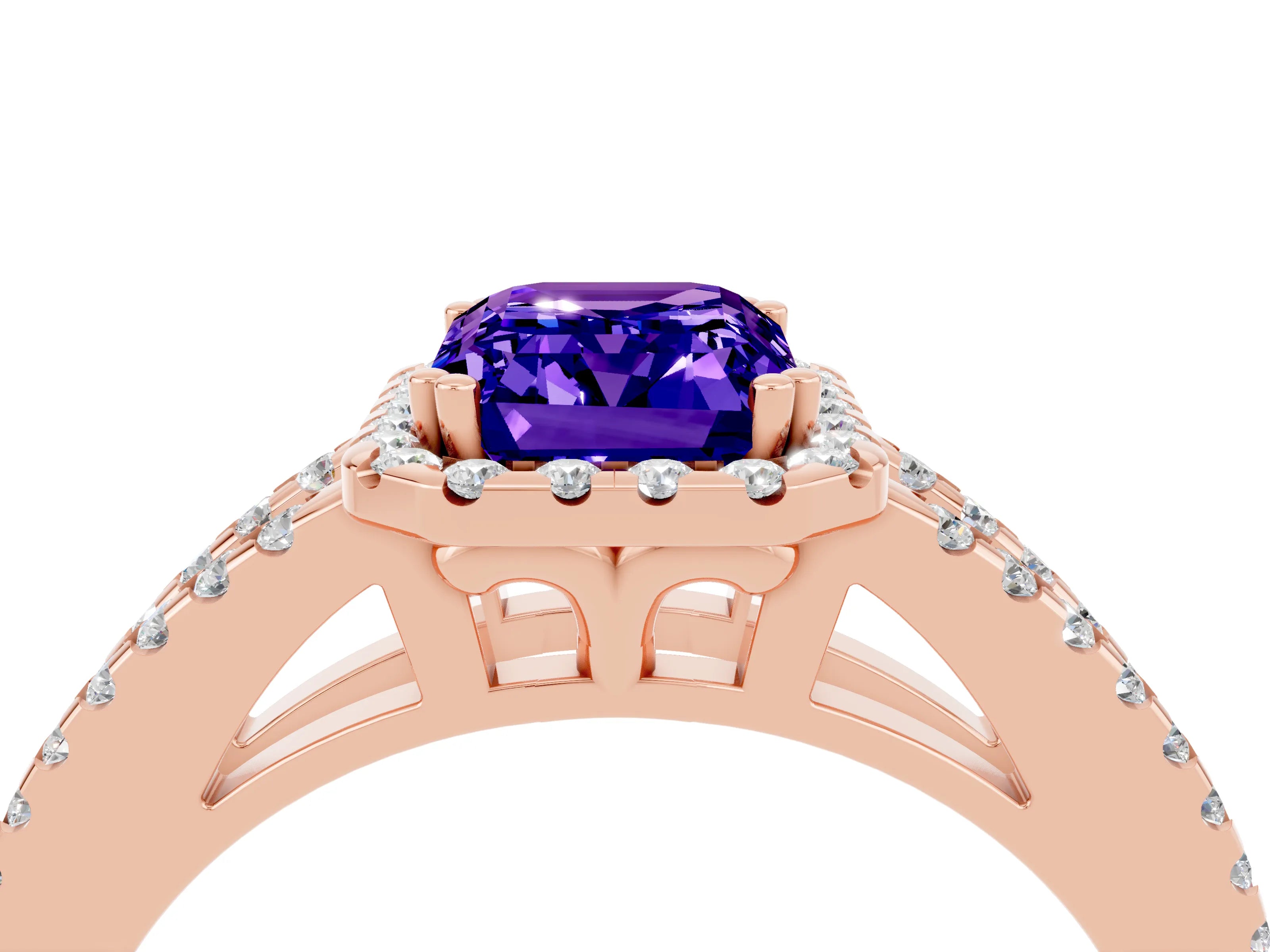 Rose gold Emerald Cut Tanzanite Halo Split Shank Engagement Ring_16