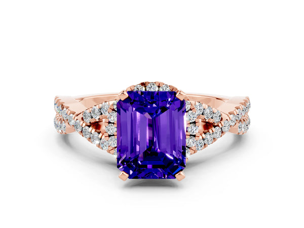 Rose gold Emerald Cut Tanzanite  Halo Twist Band Solitaire Prong Setting Ring
