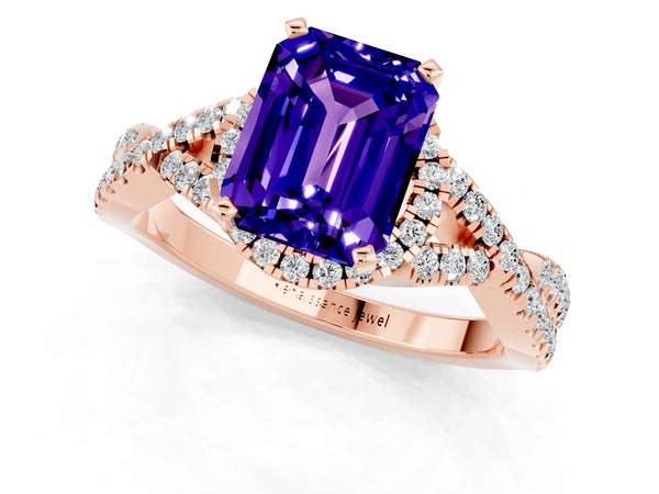 Rose gold Emerald Cut Tanzanite  Halo Twist Band Solitaire Prong Setting Ring