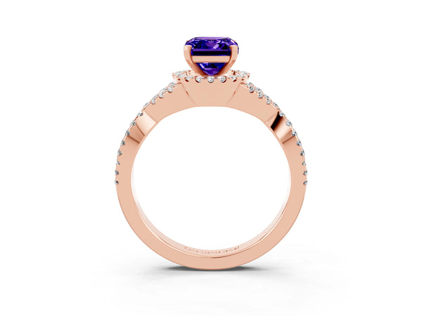 Rose gold Emerald Cut Tanzanite  Halo Twist Band Solitaire Prong Setting Ring