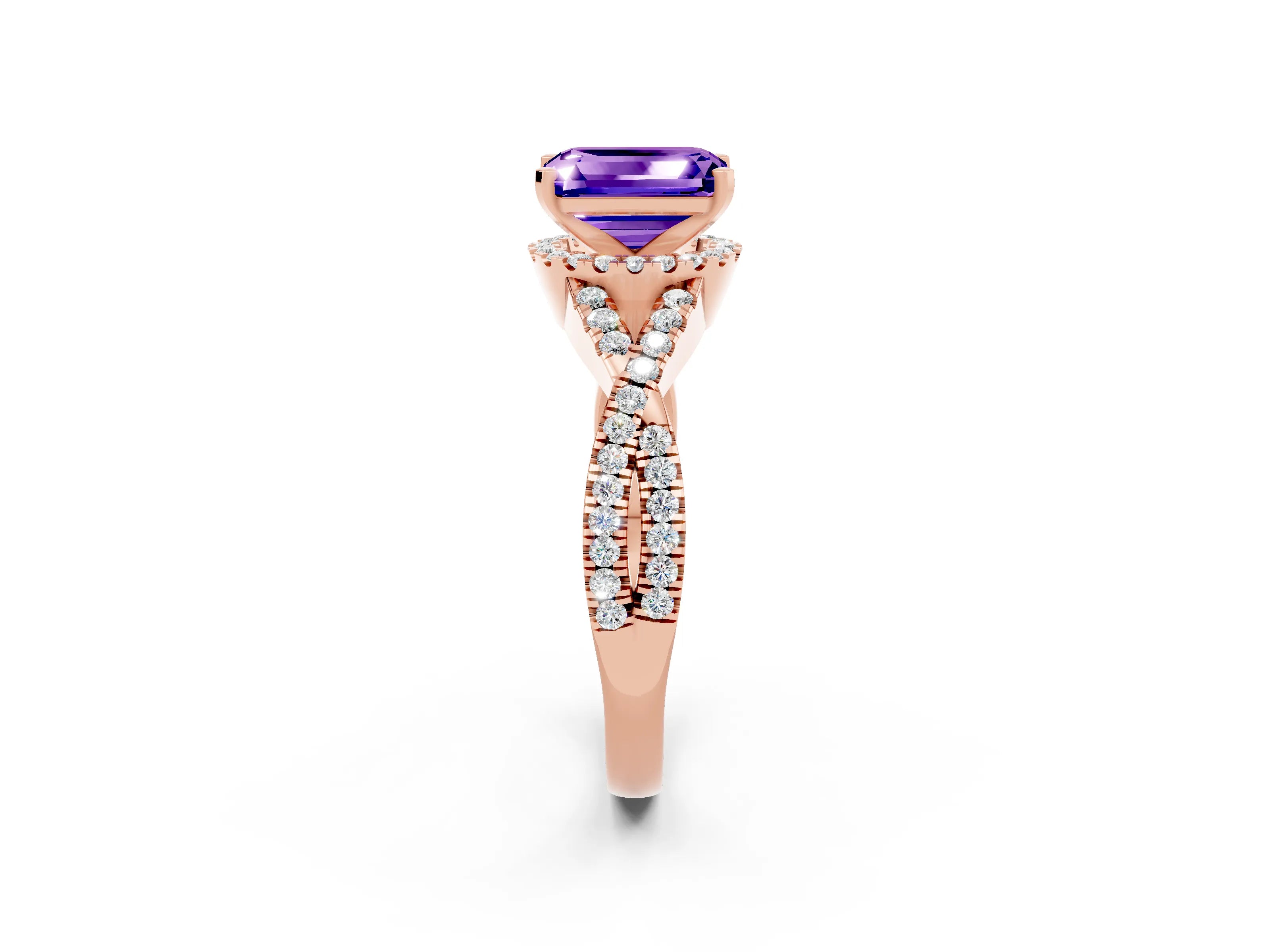 Rose gold Emerald Cut Tanzanite Halo Twist Band Solitaire Prong Setting Ring_2