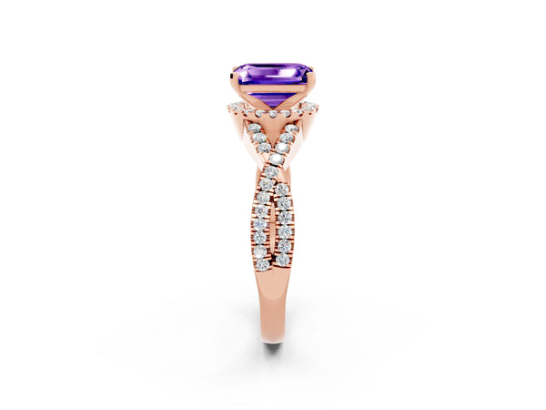 Rose gold Emerald Cut Tanzanite  Halo Twist Band Solitaire Prong Setting Ring