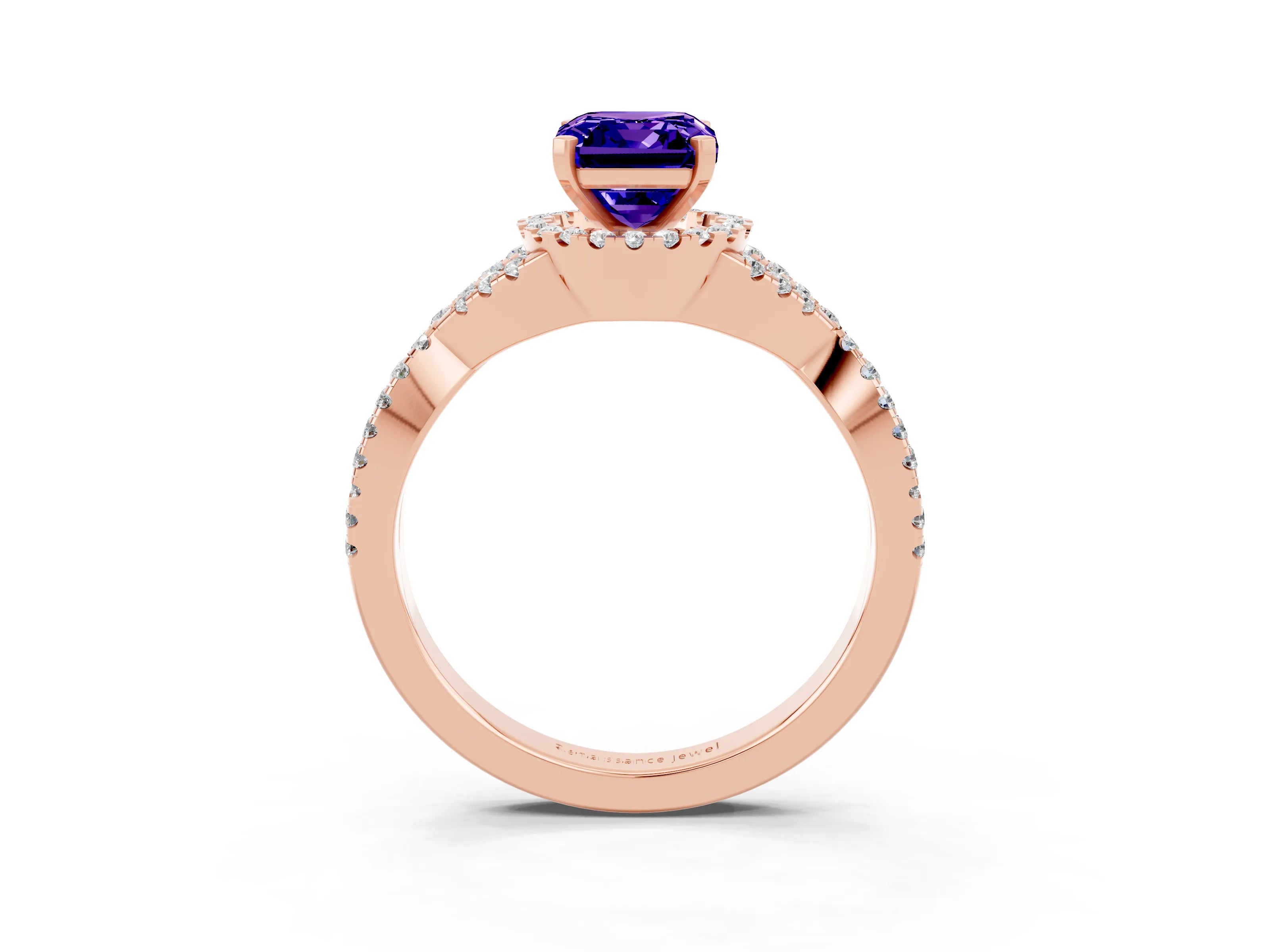 Rose gold Emerald Cut Tanzanite Halo Twist Band Solitaire Prong Setting Ring_3