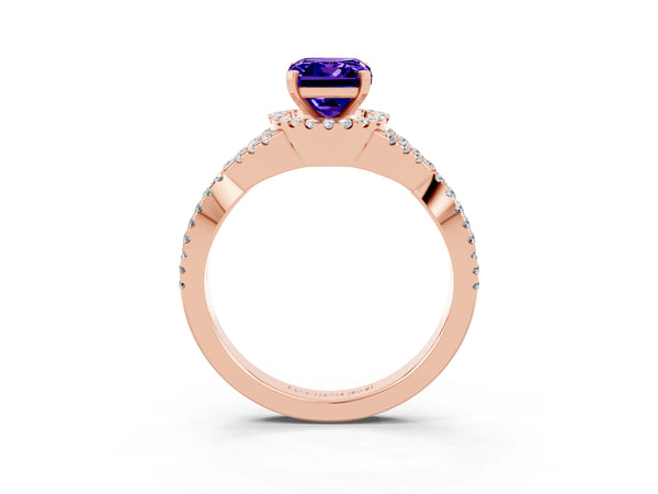 Rose gold Emerald Cut Tanzanite  Halo Twist Band Solitaire Prong Setting Ring