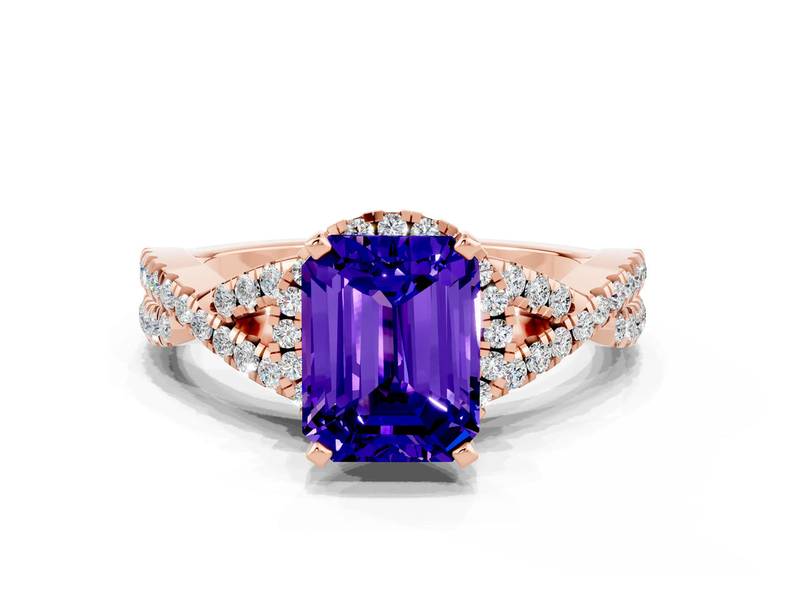Rose gold Emerald Cut Tanzanite  Halo Twist Band Solitaire Prong Setting Ring_36