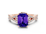 Rose gold Emerald Cut Tanzanite  Halo Twist Band Solitaire Prong Setting Ring_36