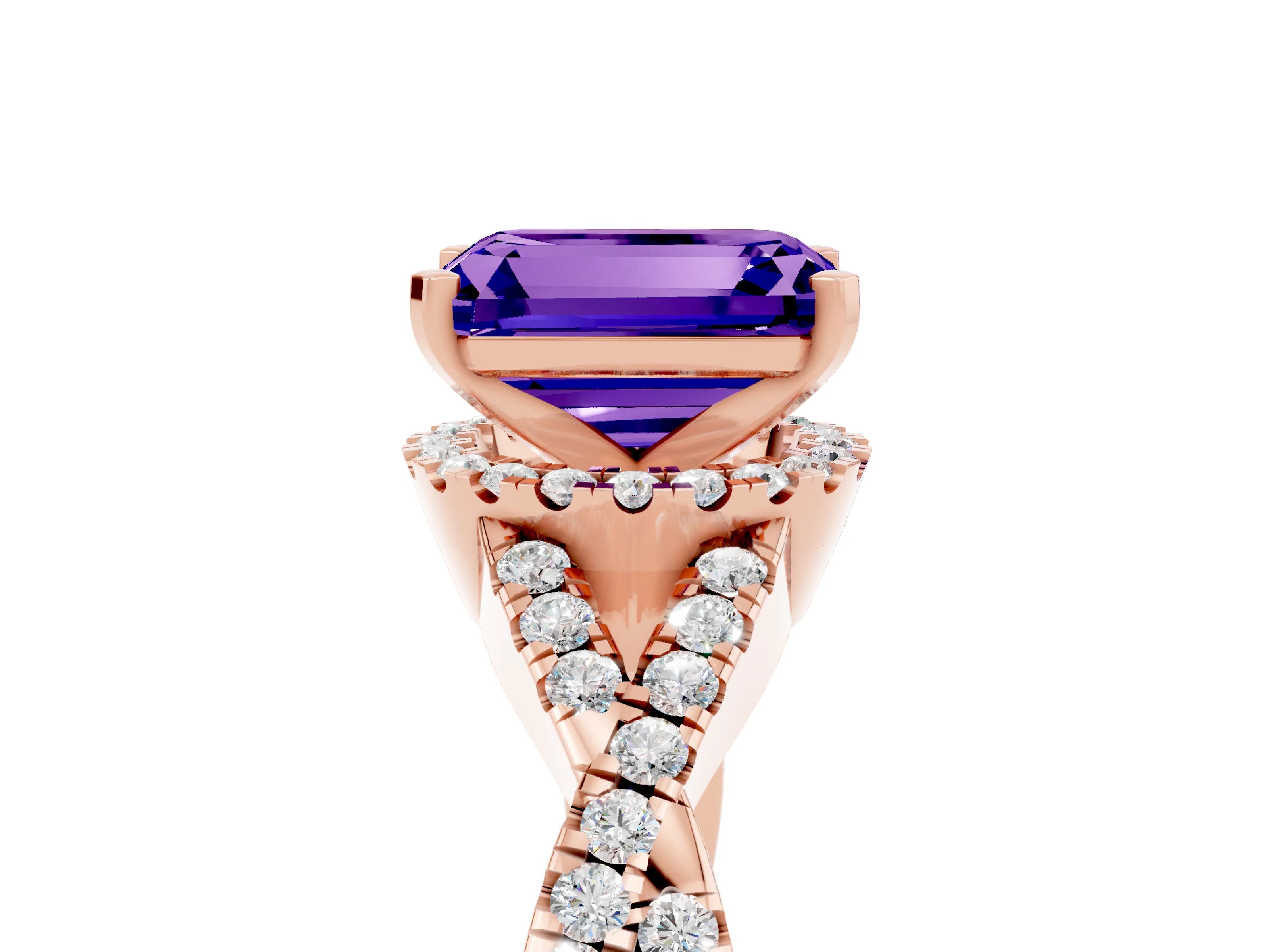 Rose gold Emerald Cut Tanzanite Halo Twist Band Solitaire Prong Setting Ring_5