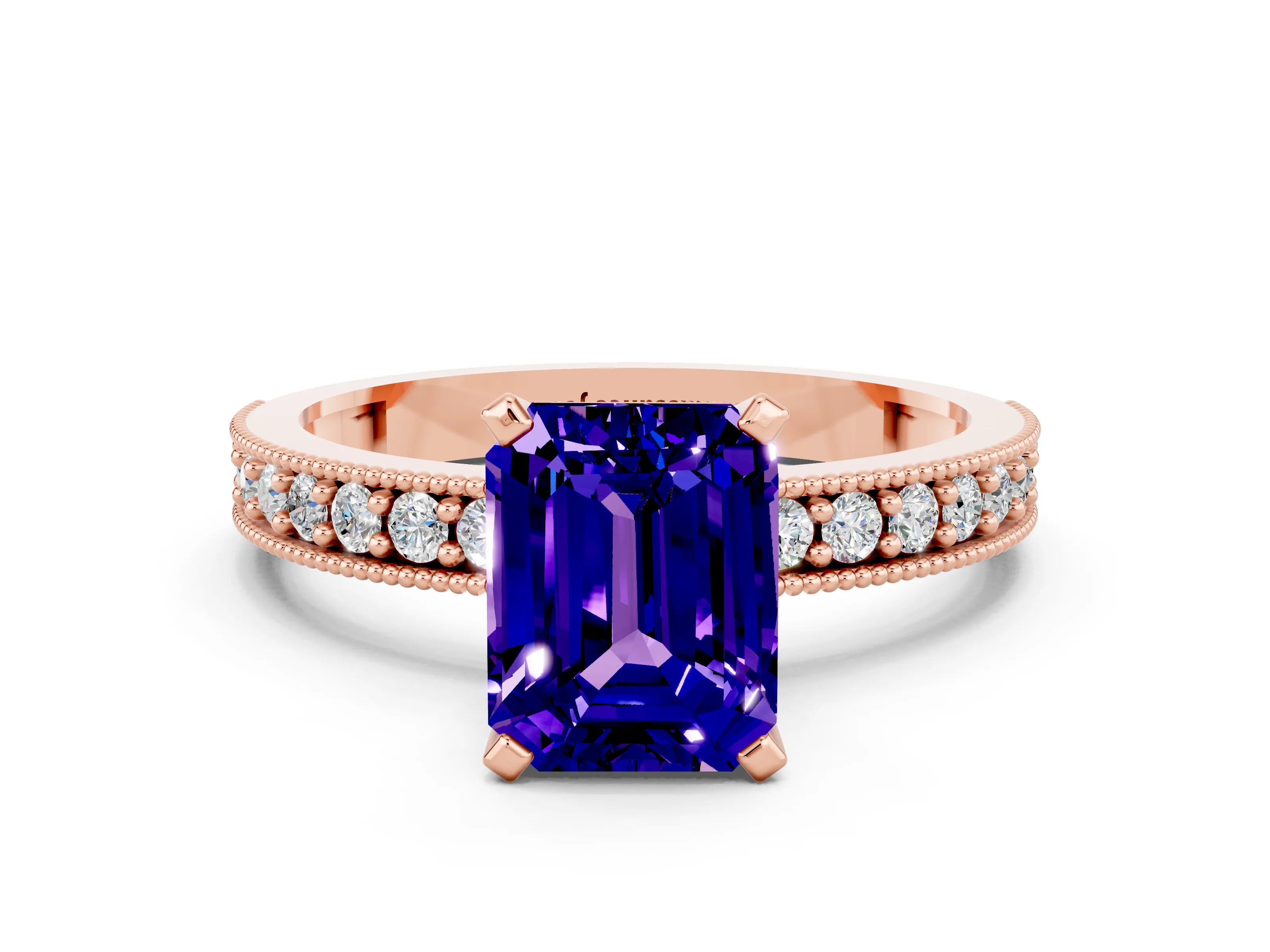 Rose gold Emerald Cut Tanzanite Milgrain Pavé Engagement Ring with Four-Prong Setting_12