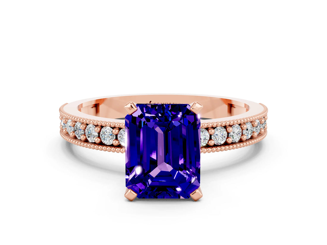 Rose gold Emerald Cut Tanzanite Milgrain Pavé Engagement Ring with Four-Prong Setting_12