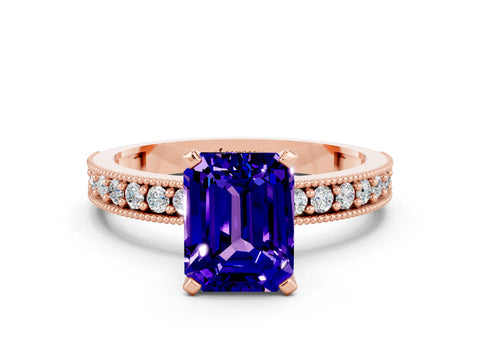 Rose gold Emerald Cut Tanzanite Milgrain Pavé Engagement Ring with Four-Prong Setting_12
