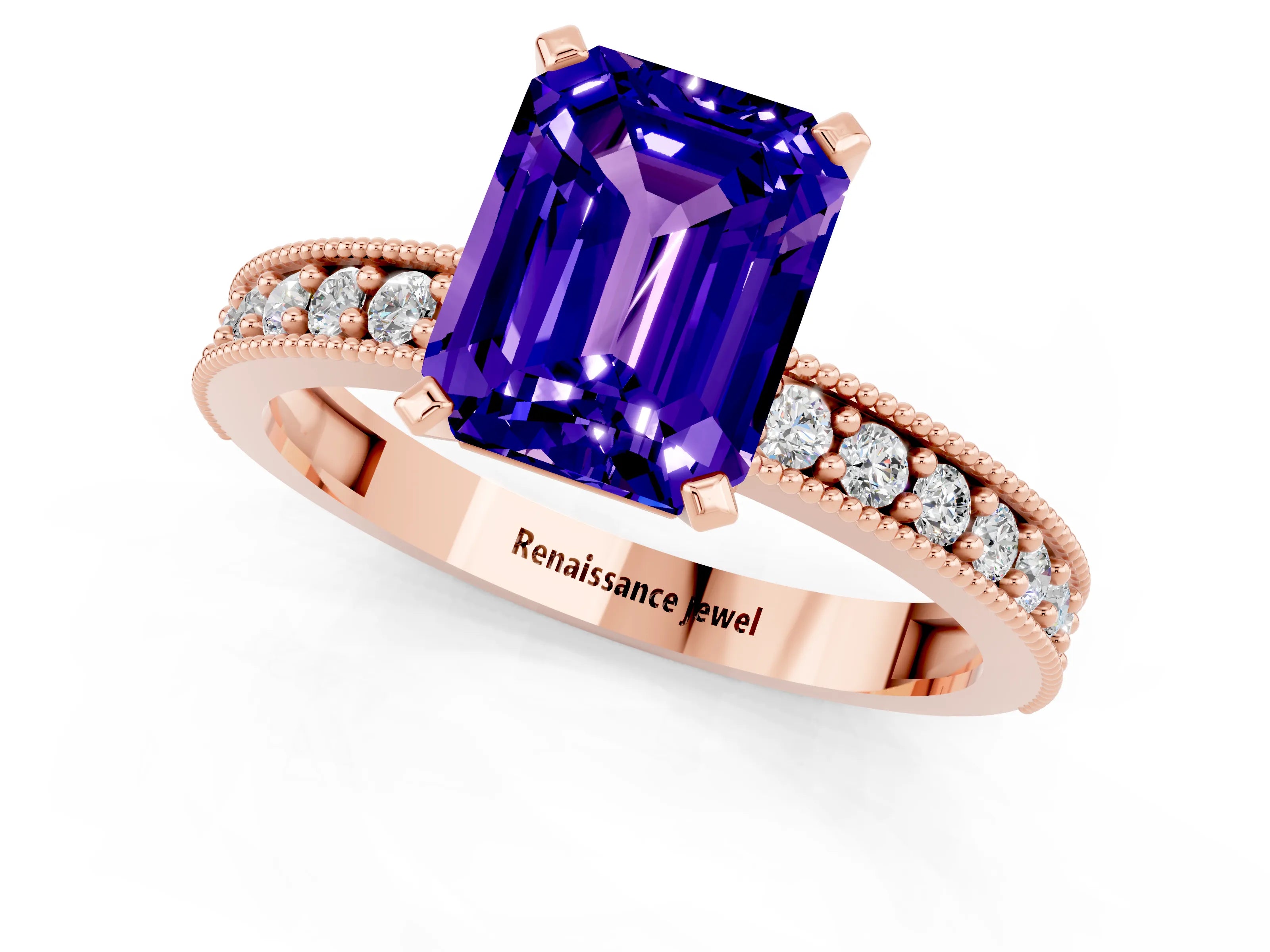 Rose gold Emerald Cut Tanzanite Milgrain Pavé Engagement Ring with Four-Prong Setting_13