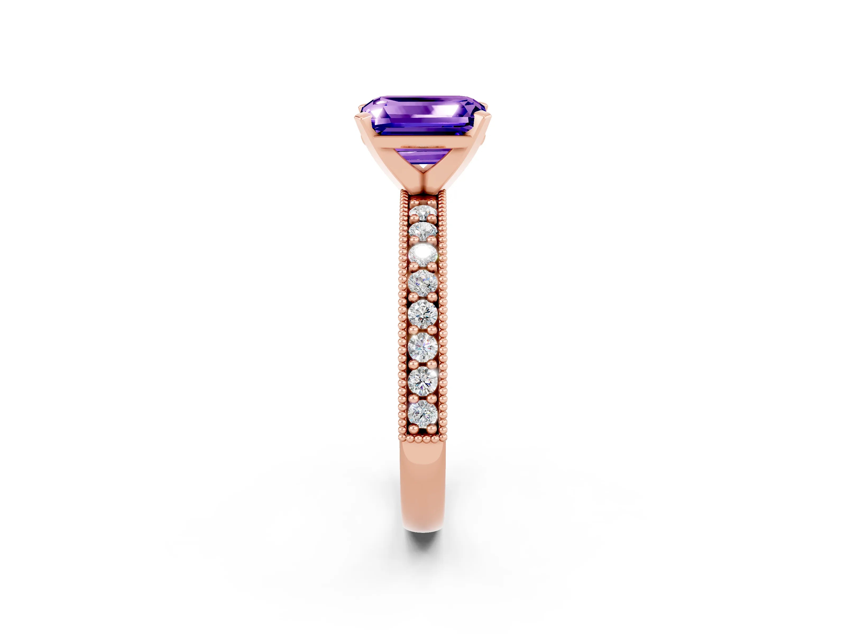 Rose gold Emerald Cut Tanzanite Milgrain Pavé Engagement Ring with Four-Prong Setting_14