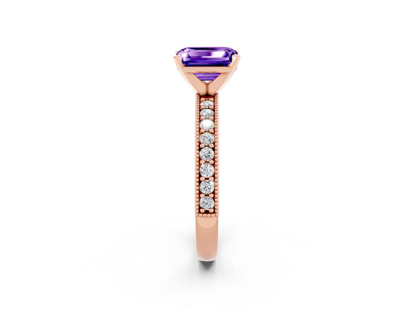 Rose gold Emerald Cut Tanzanite Milgrain Pavé Engagement Ring with Four-Prong Setting